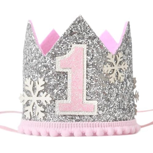KOJIN Snowflake Birthday Crown for Baby, Winter Onederland Hat, Silver & Pink