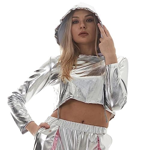 ABAFIP Women Metallic Shiny Rave Outfit Holographic Crop Top Hoodie Casual Long Sleeve Sweatshirt Dancewear -> Metallic Shiny Holographic Crop Top Hoodie Dancewear