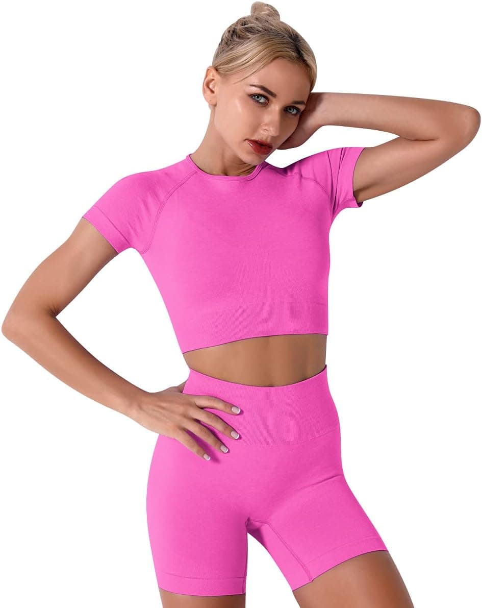 Women Seamless Yoga Outfits 2 Piece Workout Set Short Sleeve Crop Top High Waisted Sport Shorts set Stretch Tummy Control Yoga Shorts Fitness Gym Athletic Running Activewear Tracksuit Hot Pink S