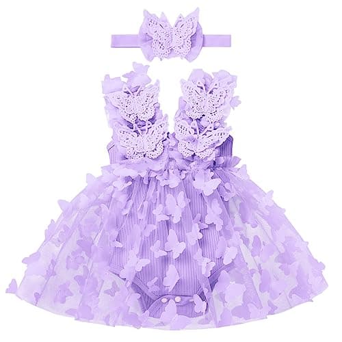Newborn Baby Girl 1st Birthday Lace Tulle Romper Dress with Floral Headband