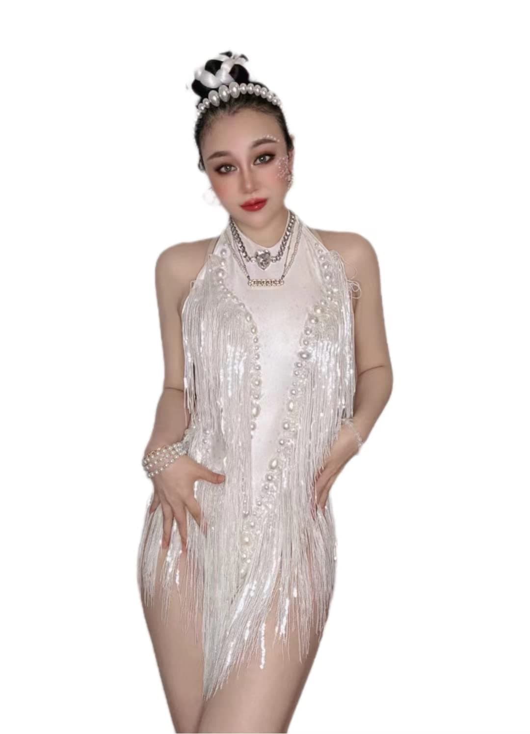 HoHoHuo Sparkly White Dance Rhinestone Bodysuit for Women Performance Outfit