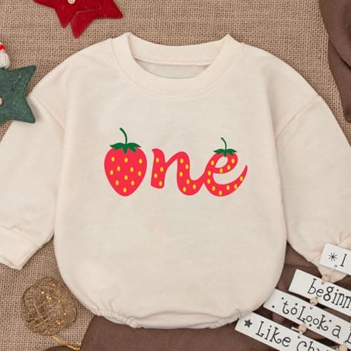 2Pcs Strawberry Romper for 1st Birthday Girl, Cute Baby Outfit