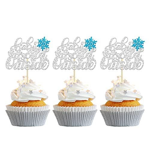 Gyufise 24 Pack Blue Silver Glitter Snowflake Cupcake Toppers for Winter Birthday