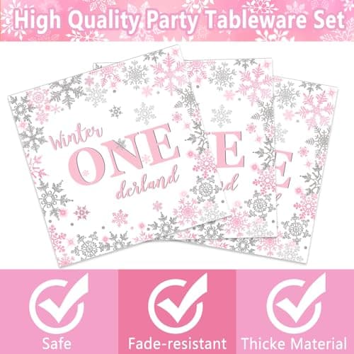 Oigco Winter Onederland Pink & Silver Snowflake Plates & Napkins Set