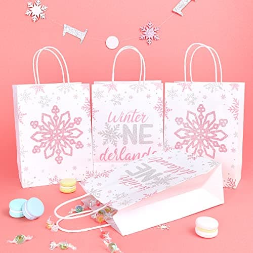 Fangleland Pink Silver Snowflake Birthday Party Bags 16pcs Winter Treats