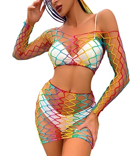 ZGMYC Women Rave Mesh Bikini Cover Ups & Mini Skirt Outfit