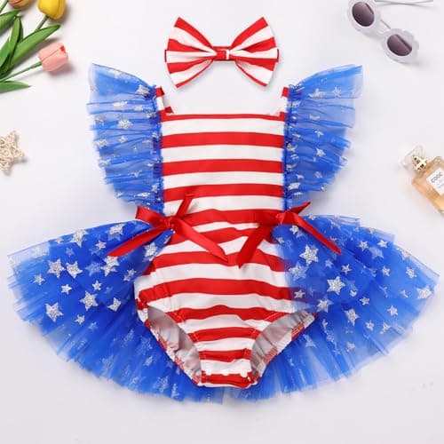 Patriotic Romper Tulle Dress Headband Birthday Cake Smash Photo Shoot for Newborn Baby Girl