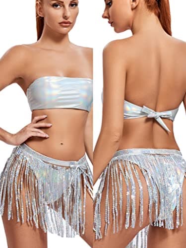 EVELUST Women's metallic holographic bodysuit & skirt set for EDC festivals