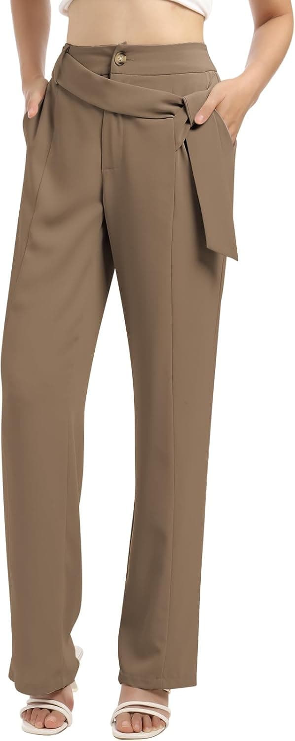 Women High Waist Casual Straight Leg Long Dress Pants Business Office Wide Leg Trousers with Pockets
