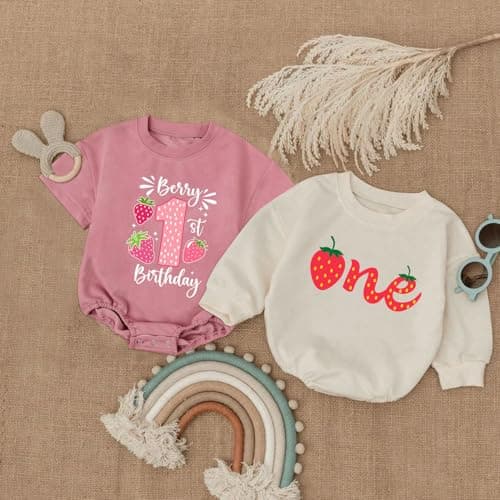 2Pcs Strawberry Romper for 1st Birthday Girl, Cute Baby Outfit