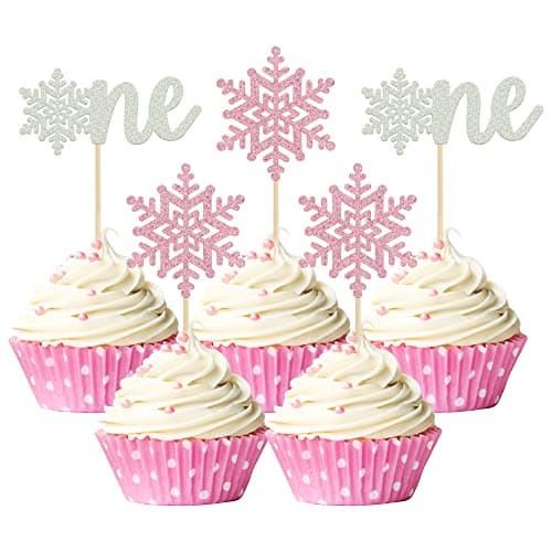 Gyufise 24 Pack Blue Silver Glitter Snowflake Cupcake Toppers for Winter Birthday