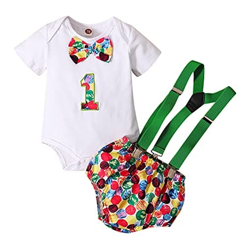 Baby Boy First Birthday Outfit with Bunting Flag Bow Tie Bodysuit Shorts Suspenders
