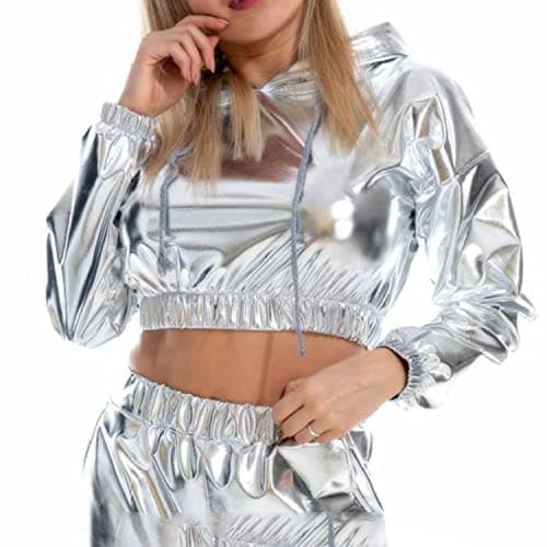 Bornpom Metallic Cropped Hoodie Sweatshirt for Women