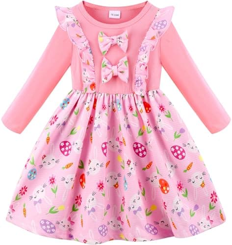 Retsugo Girls' Long Sleeve A-line Print Dress with Bowknot