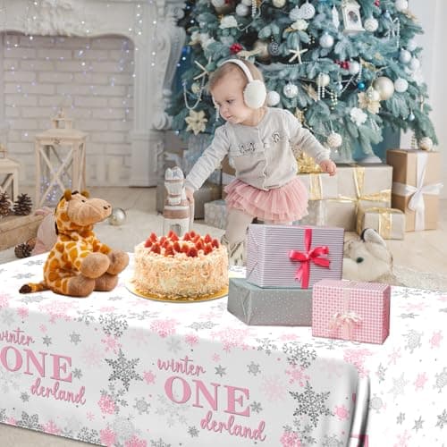 Onederland 3Pcs Winter Pink Silver Snowflake Tablecloth for 1st Birthday Girls