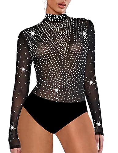 UEOIOW Women's Sheer Mesh Rhinestone Bodysuit Tops