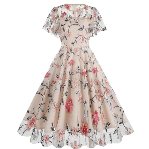 IMEKIS Women's Elegant Retro 1950s Short Flare Sleeve Swing Party Dress