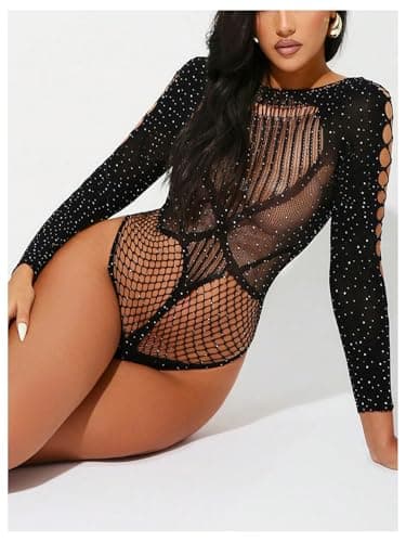 Milumia Women's Fishnet Rhinestone Cut Out Mesh Bodysuit