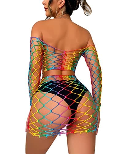 ZGMYC Women Rave Mesh Bikini Cover Ups & Mini Skirt Outfit