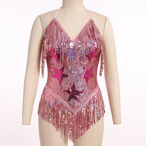 FYMNSI Women’s Sequined Tassel Bodysuit for Festivals and Costumes