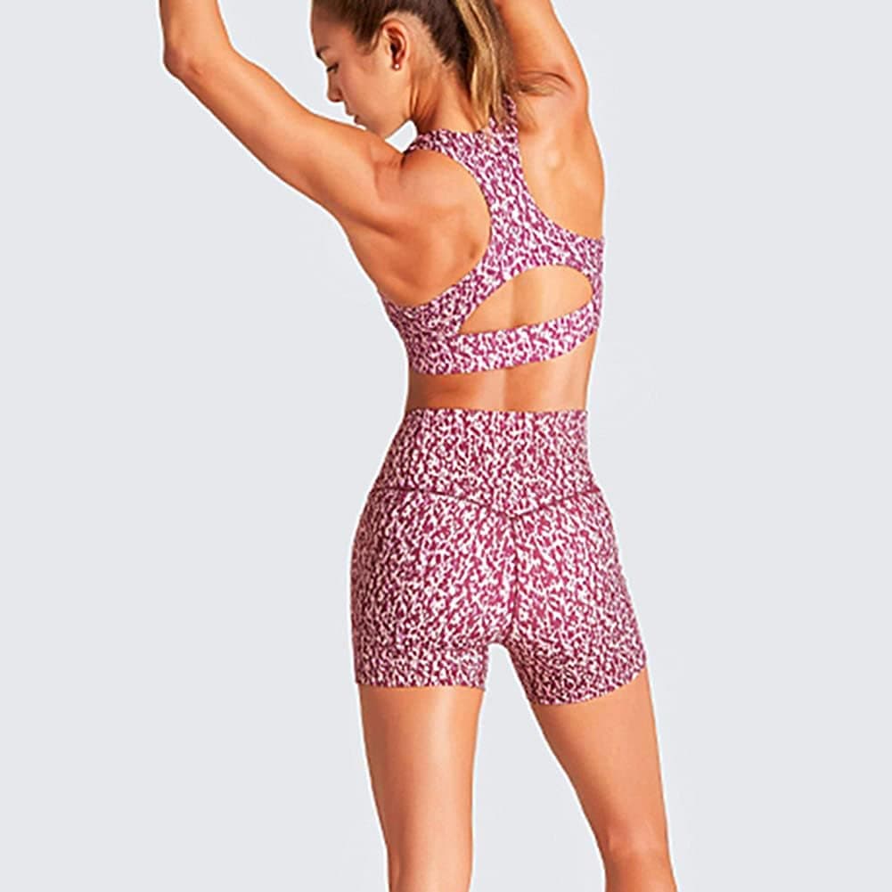 Women Seamless Yoga Outfits 2 Piece Workout Set Racerback Crop Top Leopard Sprots Bra High Waisted Shorts Pants Stretch Tummy Control Yoga Shorts Fitness Athletic Running Gym Clothes Activewear Leopard Purple L