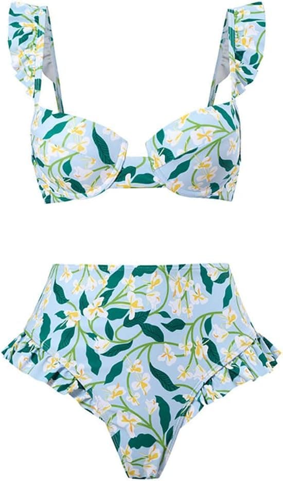 Women 3 Piece Swimsuit Ruffle Floral Print Vintage Bikini Swimwear with Cover up Wrap Summer Holiday Bathing Suit