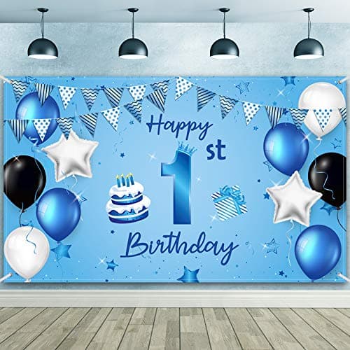 Blue Happy 1st Birthday Backdrop Banner