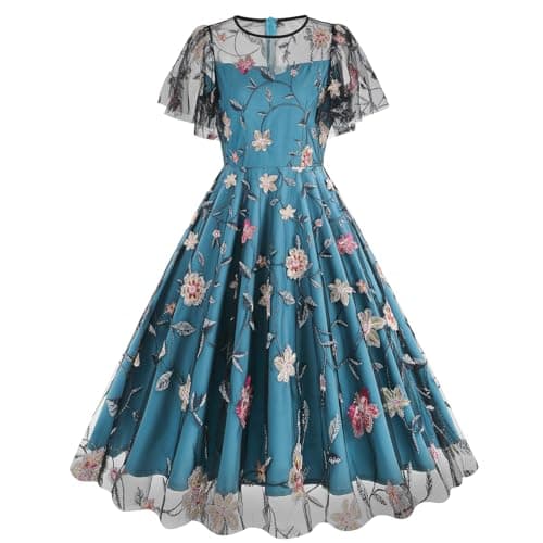 IMEKIS Women's Elegant Retro 1950s Short Flare Sleeve Swing Party Dress