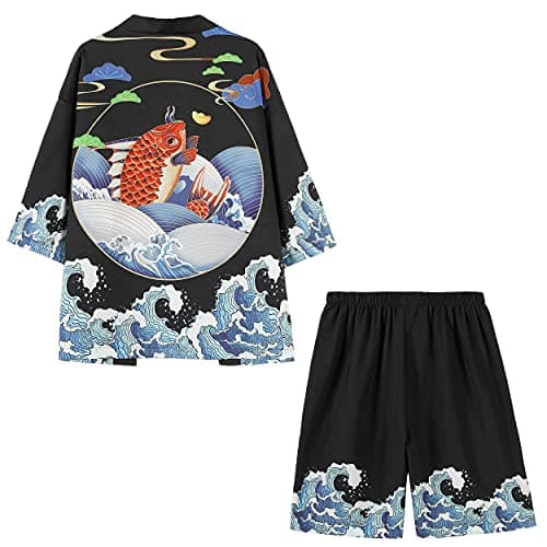 PRIJOUHE Mens Loose Fit Japanese Kimono Coat Jacket with Shorts