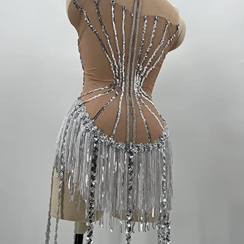 Youmeisha Sparkly Rhinestone Fringes Sequins Women's Mesh Dance Costume