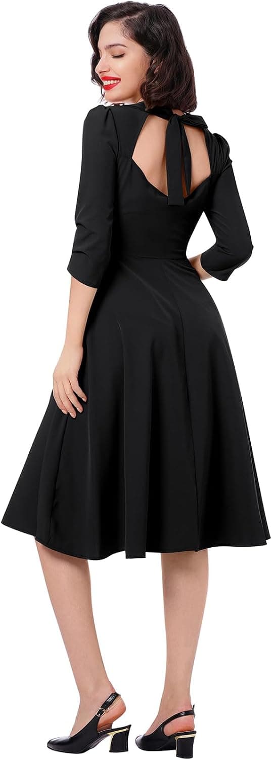 Women Vintage 1950s Retro Cocktail Party Swing Dress Elegant 3/4 Sleeve Sweetheart A Line Wedding Guest Dress