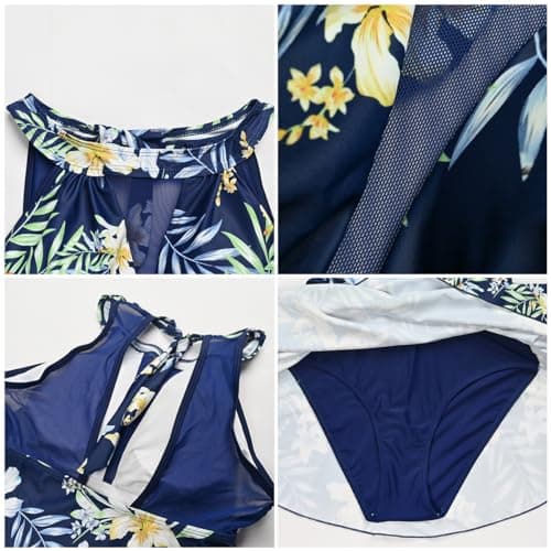 IMEKIS Women's Summer Floral Print Halter Backless Tummy Control Swim Dress