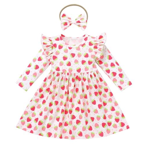 Toddler Baby Girls Birthday Dress with Headband Strawberry Cow Cake Smash Outfit