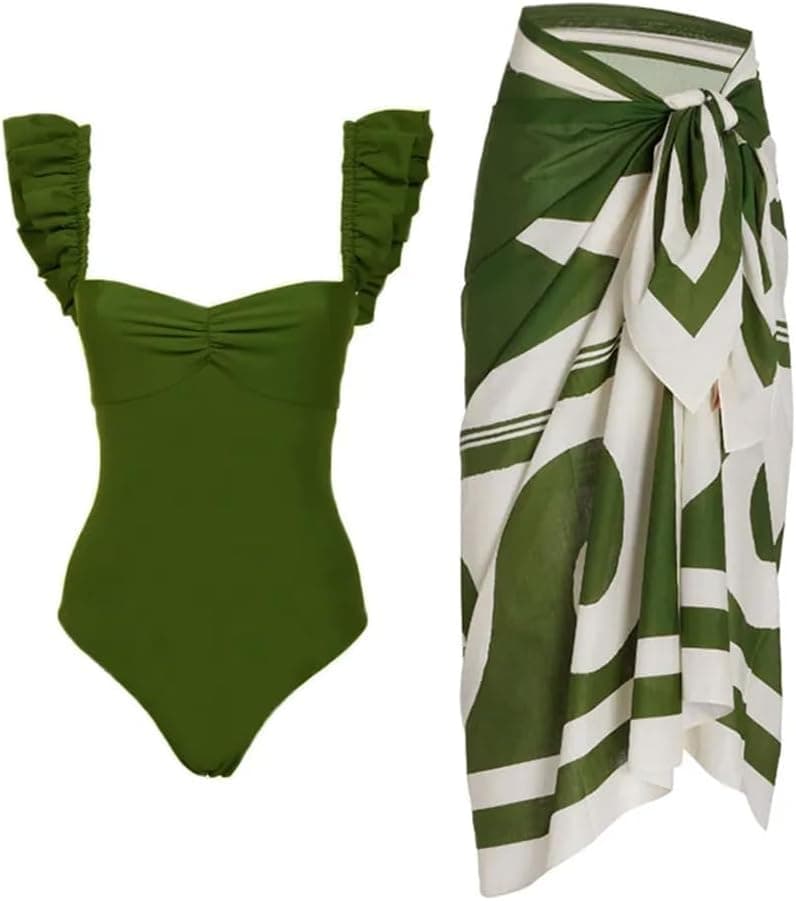Womens 2 Piece Swimsuit with Cover Ups Set Retro Floral Print One Piece Swimwear Sarong Summer Holiday Outfit