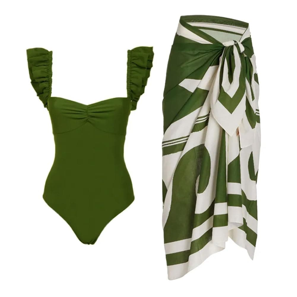 Women's Tropical Floral Print One Piece Swimsuit with Cover up Wrap Skirt