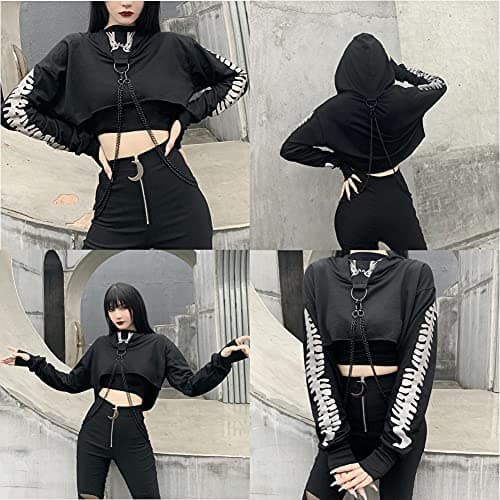 Goth Skeleton Hoodie Crop Top with Iron Chain for Halloween Festival