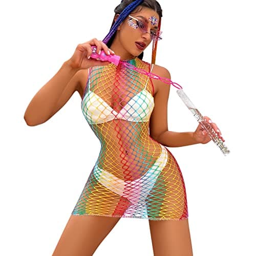 Rainbow Rave Outfit Fishnet Dress - Women's Music Festival Costume