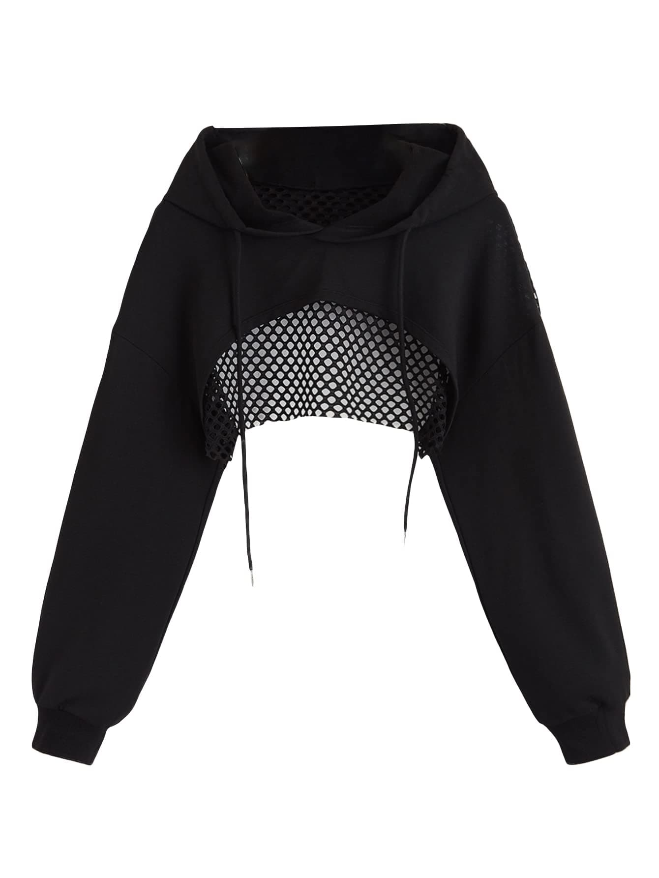 Drawstring Fishnet Hoodie Crop Tops