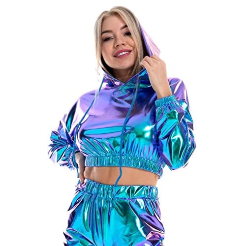 Metallic Cropped Hoodie Sweatshirt for Women