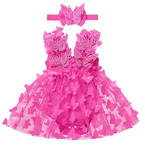Newborn Baby Girl 1st Birthday Lace Tulle Romper Dress with Floral Headband