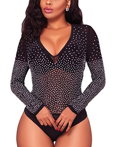 Sheer Mesh Long Sleeve Bodysuit for Women