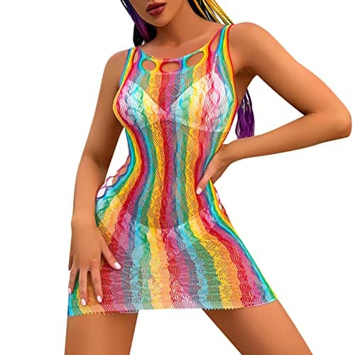 Rainbow Rave Outfit Fishnet Dress - Women's Music Festival Costume
