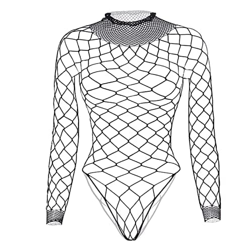 Tosmifairy Women's Stretch Fishnet Mesh Long Sleeve Rave Romper Body Suit