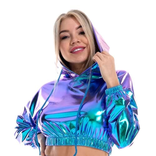 Women's Metallic Shiny Crop Top Hoodie