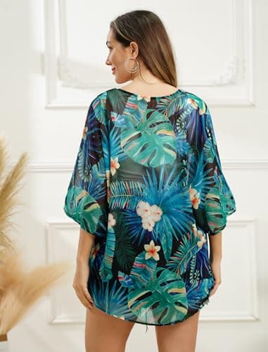 IMEKIS Women's Floral Printed Chiffon Half Sleeve Kimono Cardigan