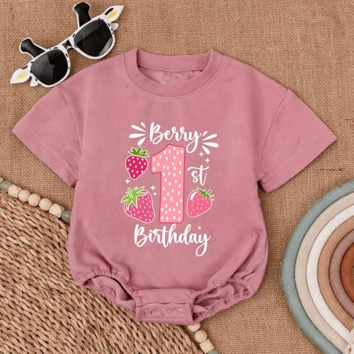 2Pcs Strawberry Romper for 1st Birthday Girl, Cute Baby Outfit