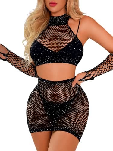 Kaei&Shi Women's Glitter Fishnet Skirt & Mesh Swimcover for Festivals