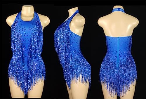HEYDHSDC Sparkly Crystals Fringe Bodysuit Dance Costume