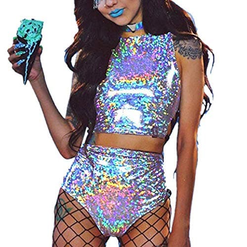 Women's Rave Holographic Bodysuit Set in Metallic Silver for Dance Parties and Festivals