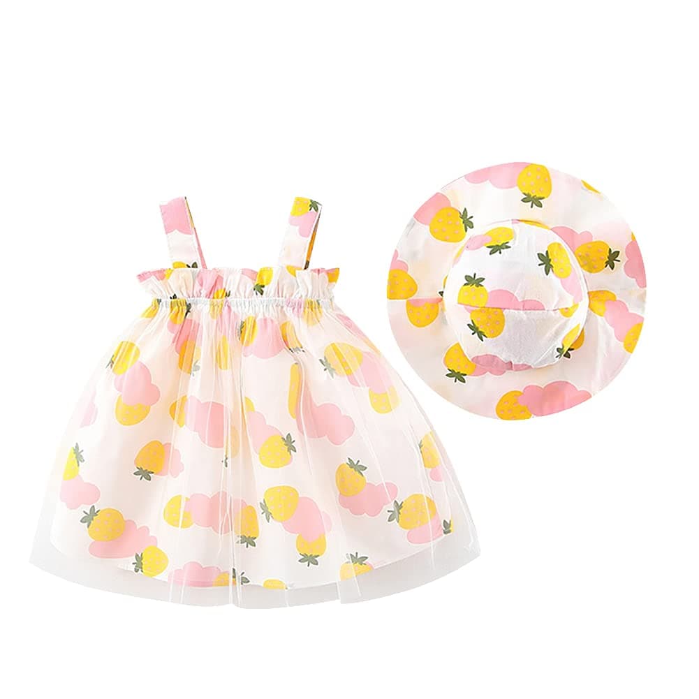 Hawaiian Holiday Dress for Toddler Baby Girls + Straw Hat Rainbow Backless Tutu Sundress Birthday Party Princess Clothes